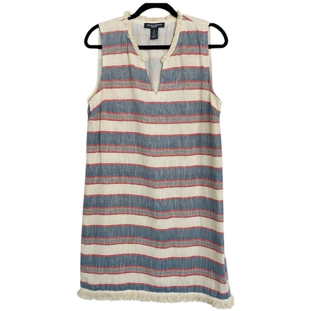 Chelsea & Theodore Dress Women’s 12 Red White Blue Stripe Fringe Shift Summer